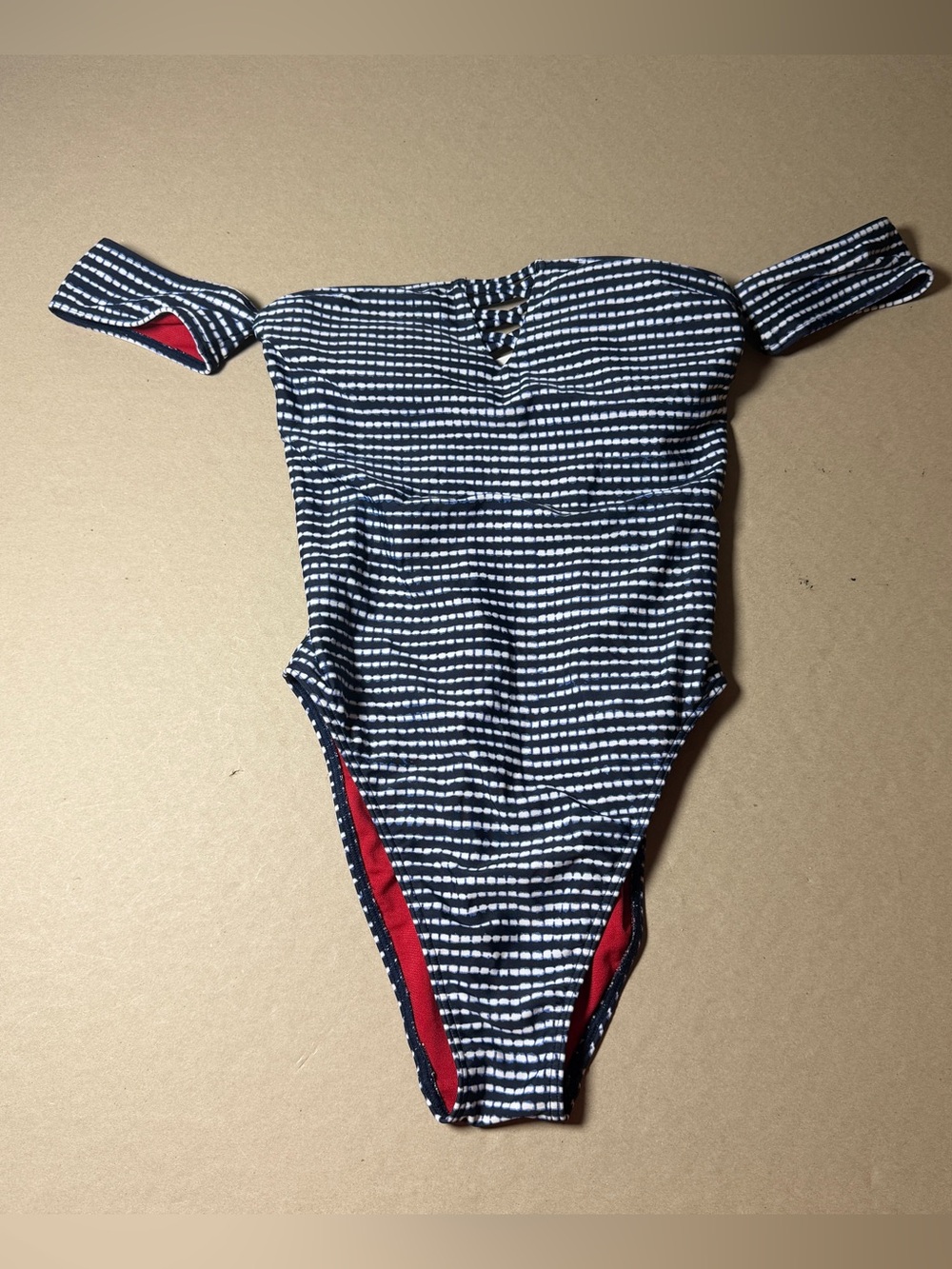 hollister size XS womens one piece swim suit stripe blue and white off shoulder